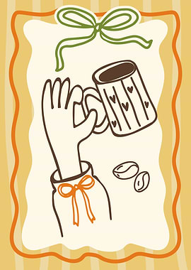 Hand holding coffee mug with hearts