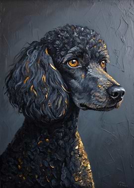 Portrait of a Black Poodle with Gold Accents