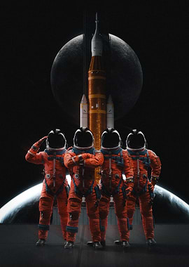 Artemis Astronauts and Rocket with Moon Background