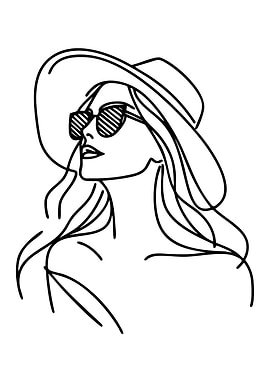 Woman in Hat and Sunglasses Line Art
