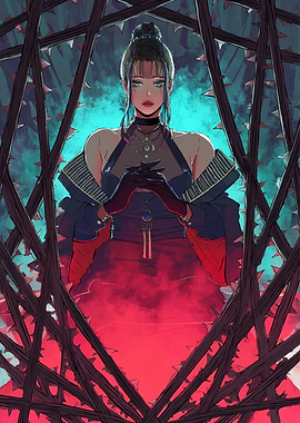 Woman in Red Dress Behind Thorns