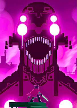 Hero confronts giant monster