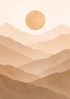 Minimalist Watercolor Mountain Landscape with Sun
