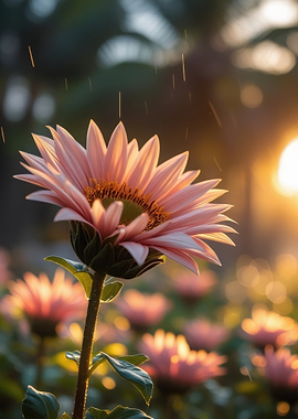 Pink Sunflower in Golden Hour Rain