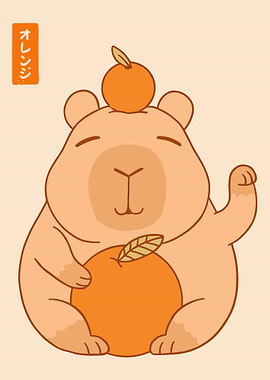 Cute Capybara Orange Poster, Minimal Japanese Style Wall Art, Cozy Animal Print