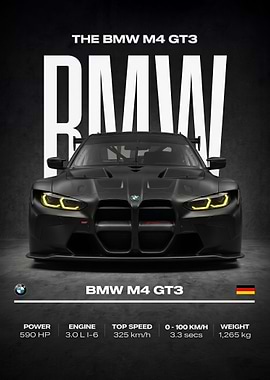 black BMW M4 GT3 Race Car Poster