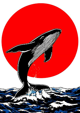 Whale jumping in front of red sun