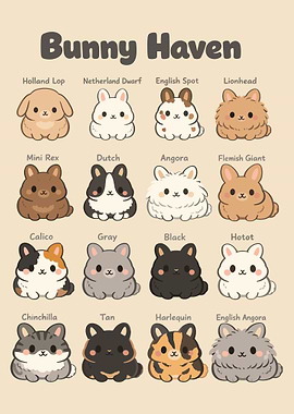 Bunny Haven Poster, Cute Rabbit Breeds Wall Art, Cartoon Bunny Chart Print