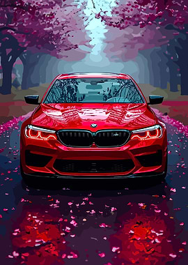 Red BMW M5 on a Floral Road