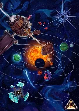 Whimsical Space Scene with Planets and Spaceship