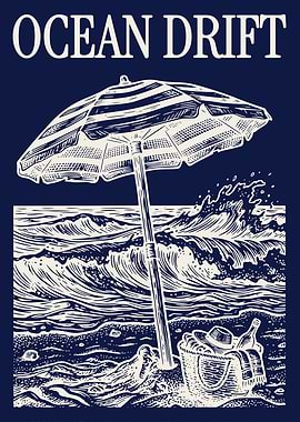 Beach Umbrella Waves Vintage Engraving Coastal Poster Ocean Wall Art