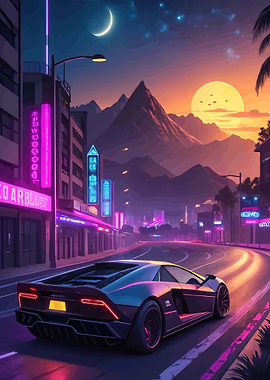 Cyberpunk Cityscape with Sports Car