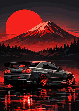 Japanese Sport Car Red Moon Mountain