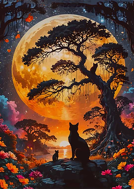 Cats under a giant moon