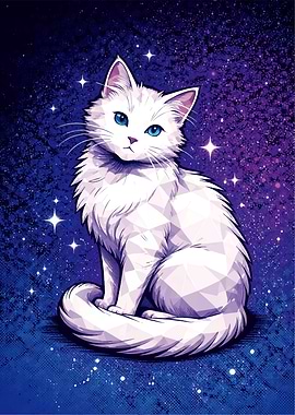 White Cat in Starry Night Sky
