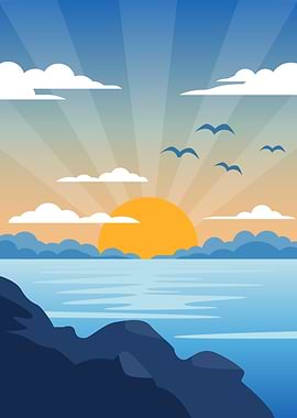 Sunrise over the ocean with birds