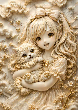 Anime Girl Holding a Fluffy Kitten