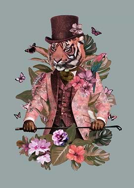 Dapper Tiger in Floral Suit with Animals