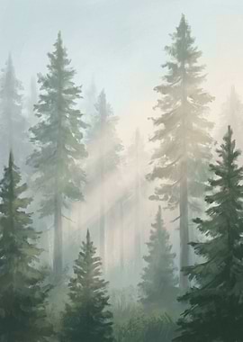 Misty Forest with Sunbeams