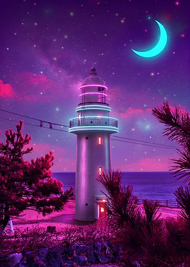 Neon Lighthouse Under a Crescent Moon