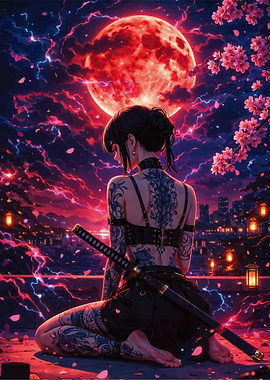Tattooed Woman with Katana Under Red Moon