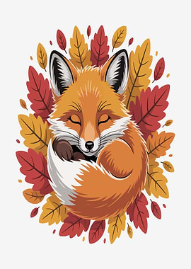 Sleeping Fox Among Autumn Leaves