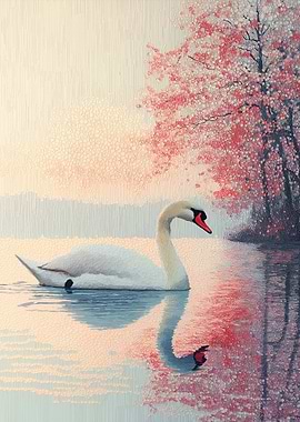 Swan in a Pink Floral Lake