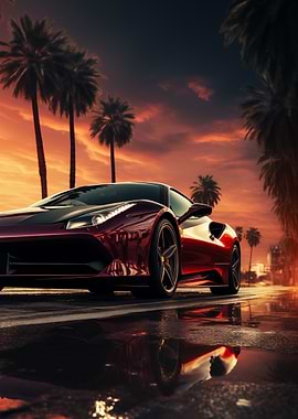 Red Ferrari at Sunset