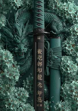 Dragon and Katana with Cherry Blossoms