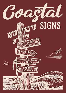 Beach Direction Sign Vintage Engraving Coastal Poster Ocean Wayfinding Wall Art