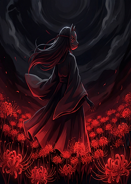Kitsune Masked Figure in Spider Lily Field