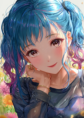 Anime Girl with Blue Hair and Flowers