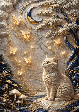 Magical Cat with Butterflies and Moon