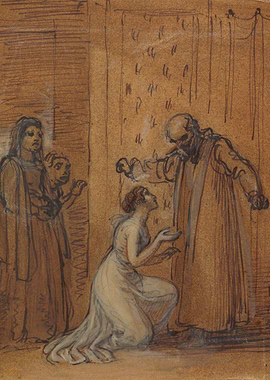 Sketch of a woman pleading with a skeletal figure