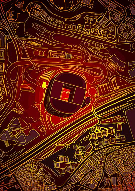 Aerial View of a Stadium and Cityscape