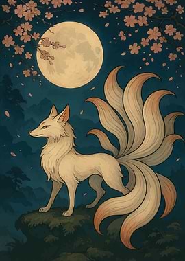 Nine-Tailed Fox Under the Moon