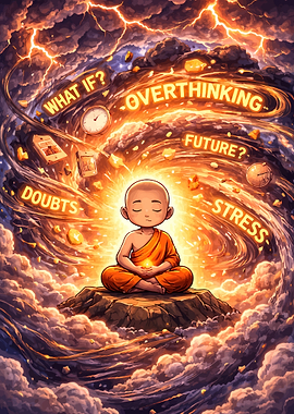 Monk Meditating Amidst Overthinking Storm