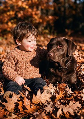 Boy and dog in autumn leaves