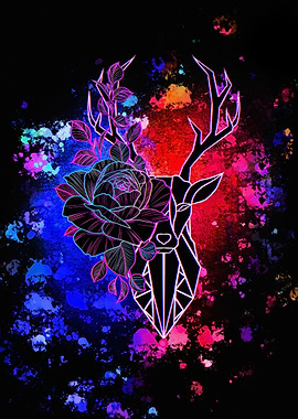 Geometric Deer with Rose and Splatter Background