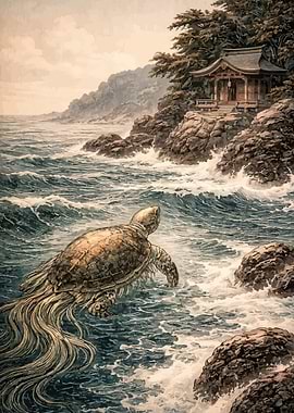 Mythical Sea Turtle Approaches Shrine