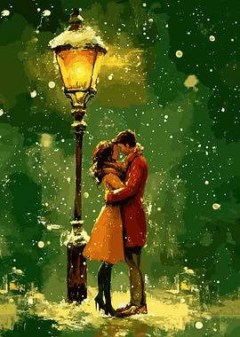 Couple Embracing Under Lamppost in Snow
