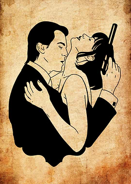 Couple in a dramatic embrace with a gun
