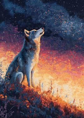 Wolf howling at starry sky