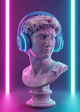 Bust of David with Headphones and Neon Lights