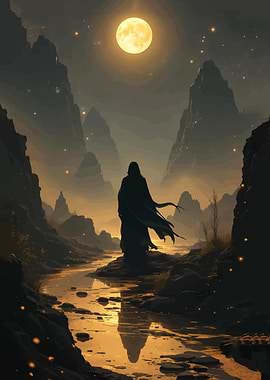 Mysterious Figure Under a Full Moon
