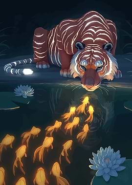 Tiger watches goldfish in pond