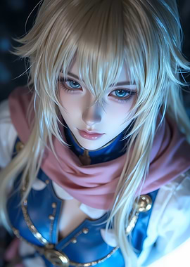 Anime-style blonde woman with blue eyes