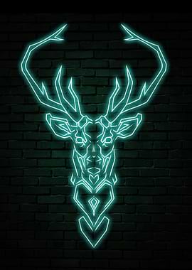 Neon Deer Head on Brick Wall