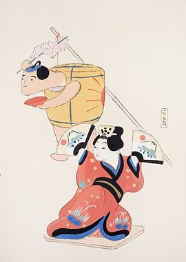 Japanese Performers with Fans and Barrel