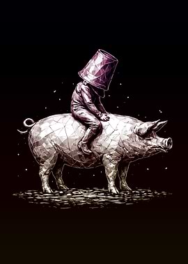 Person with Bucket Head Riding a Pig